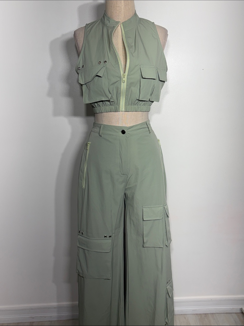 * Hot & Delicious Sage Green Cargo Wide-Leg Pants with Matching Crop Vest